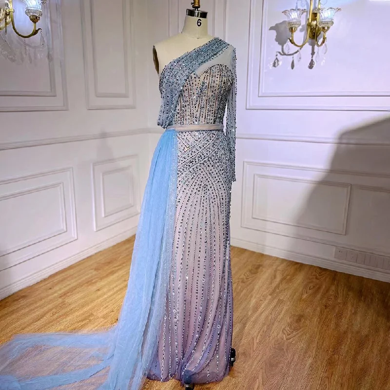 Vintage evening dress-Serene Hill Blue Elegant Mermaid Sexy One Shoulder Beaded Luxury  Evening Dresses Gowns For Women Party 2023 LA71429A