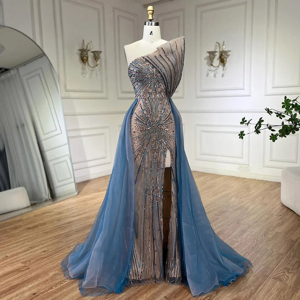 Evening dress with high neckline-Serene Hill Blue High Split With Overskirt Mermaid Luxury Beaded Dubai Evening Dresses for Women Wedding Party 2024 LA71921A