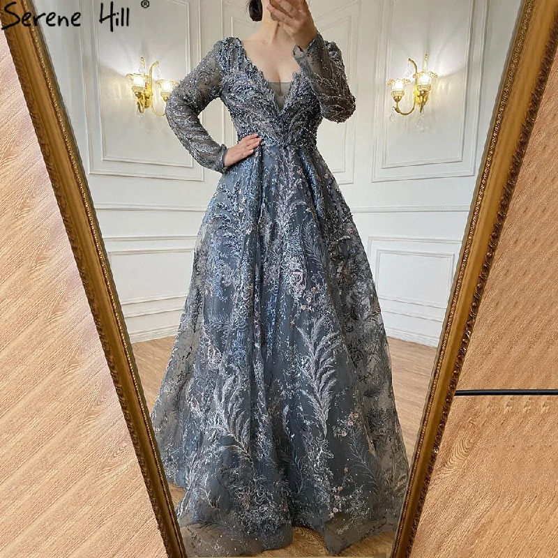 Evening dress for parties-Serene Hill Blue Lace Beaded Evening Dresses Gowns 2024 A-Line Luxury For Woman Wedding Party LA71249