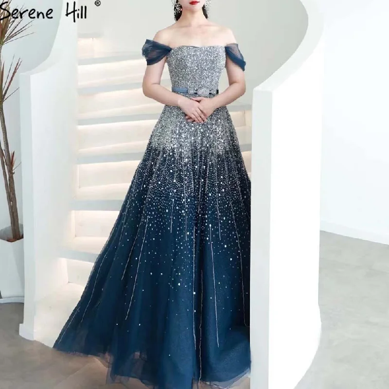 Evening dress with appliqu茅-Serene Hill Blue Luxury A-Line Evening Dresses Gowns 2024 Beaded Bling Lace Up For Women Party LA71157A