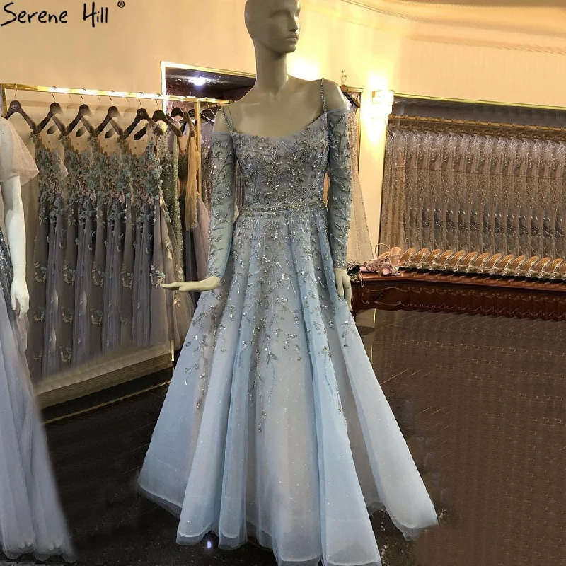 Evening dress with backless design-Serene Hill Blue Luxury A-Line Evening Dresses Gowns 2024 Beading Spaghetti Strap Sexy For Women Party  LA70812