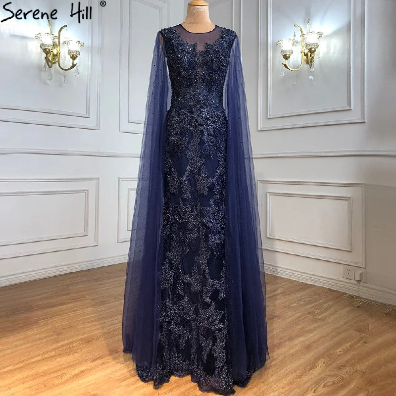 Evening dress with beaded details-Serene Hill Blue Luxury Mermaid Evening Dresses Gowns2024 Cape Sleeves Beaded Elegant For Woman Party LA71163