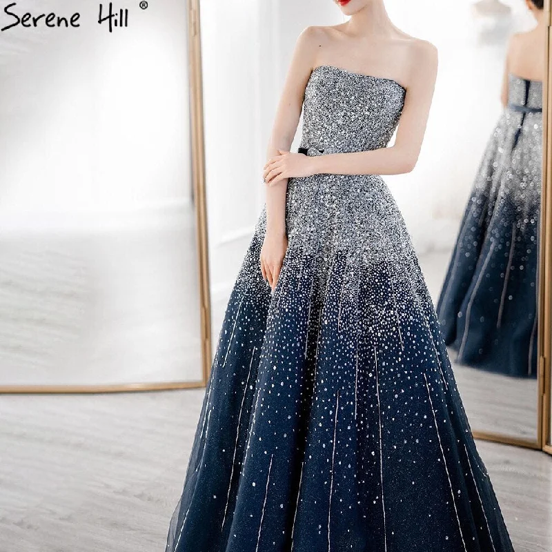 Evening dress with wrap design-Serene Hill Blue Luxury Strapless Evening Dresses Gowns 2024 Beaded Bling A-Line Luxury For Women Party LA71157