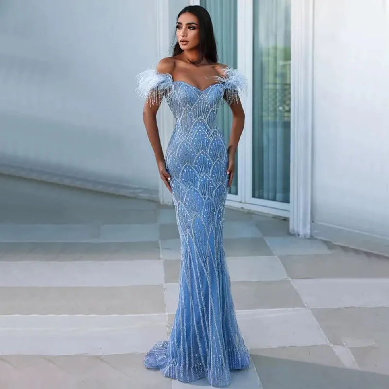 Evening dress with metallic finish-Serene Hill Blue Mermaid Elegant Off Shoulder Feather Beaded Evening Dresses Gowns Long 2024 For Women Party LA72028