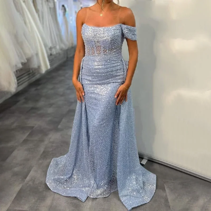 Evening dress with bow-Serene Hill Blue Mermaid Elegant Sexy Off Shoulder Overskirt  Evening Dresses Gowns Beaded 2024 For Women Party LA71729