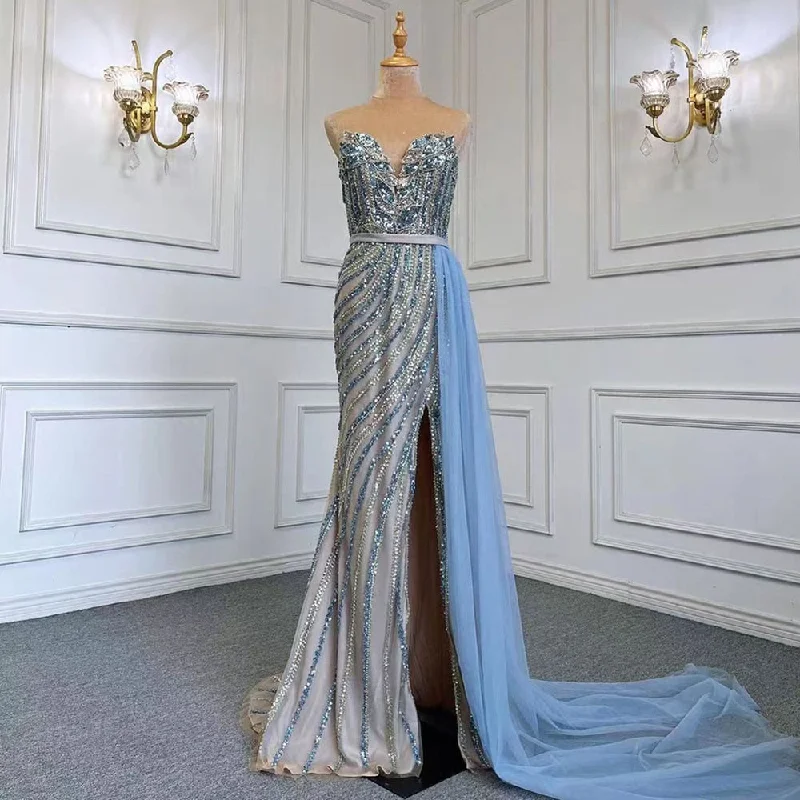 Evening dress with chiffon-Serene Hill Blue Mermaid Elegant With Skirt Sexy Strapless Evening Dresses Gowns Luxury Beaded 2024 For Women Party LA71743