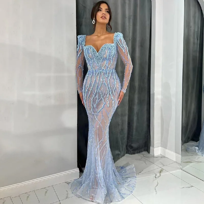 Evening dress with embroidery-Serene Hill Blue Mermaid Luxury Pearls Beaded Arabic Elegant Evening Dresses Gowns For Woman Wedding Party LA71861