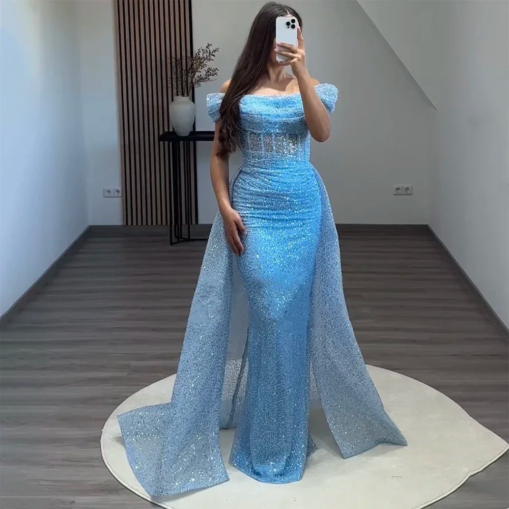 Evening dress with beaded bodice-Serene Hill Blue Mermaid Off The Shoulder With Overskirt Beaded Sequined Evening Dresses Gowns For Women Party 2024 LA72204