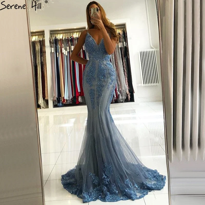 Evening dress with flared skirt-Serene Hill Blue Mermaid Sexy Evening Dresses Sleeveless Beading Lace High-end Formal Dress Design LA70724