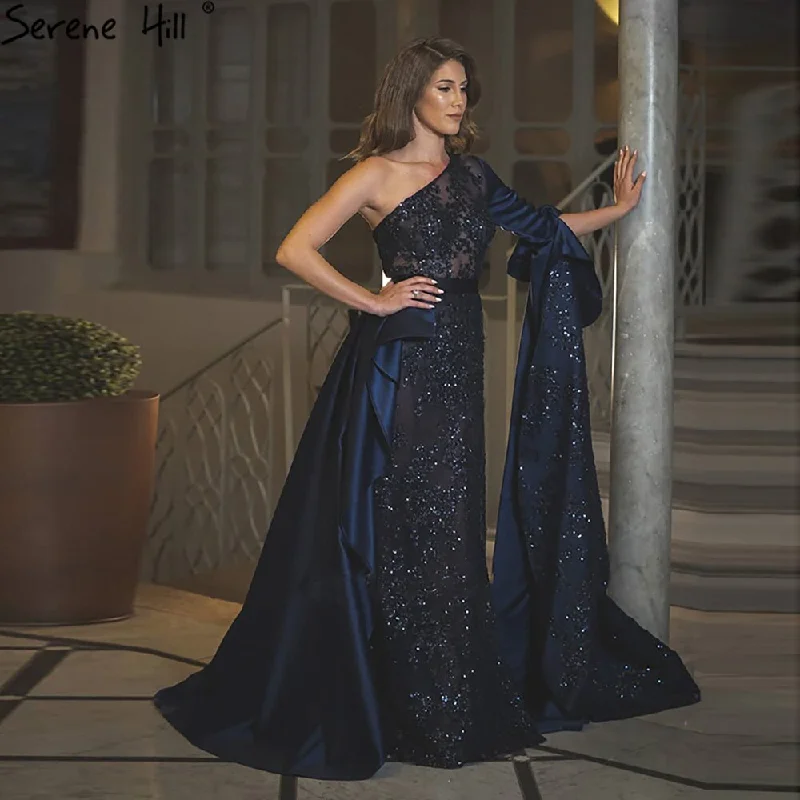 Evening dress with glitter-Serene Hill Blue Mermiad Satin Evening Dresses Gowns 2024 Elegant One Shoulder Overskirt For Women Party LA71236