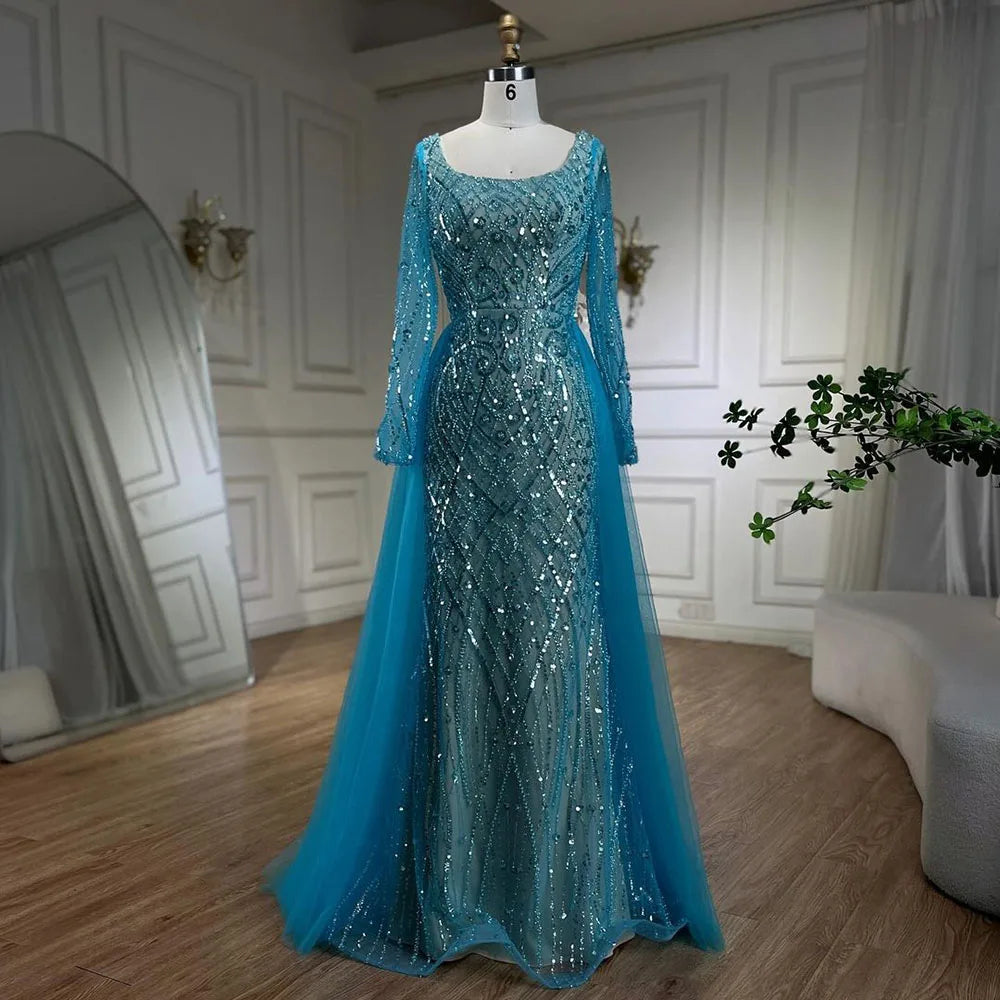 Evening dress with sweetheart neckline-Serene Hill Blue Muslim Elegant Mermaid With Overskirt Beaded Evening Dresses Gowns for Women Wedding Party 2024 LA72409