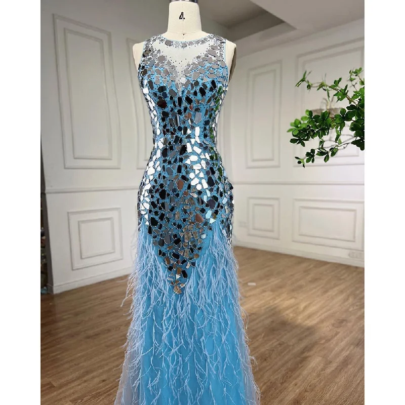 Evening dress with illusion sleeves-Serene Hill Blue O-neck Tank Sleeveless Feathers Mermaid Evening Dresses Elegant Formal Party Gowns For Women 2024 LA72081