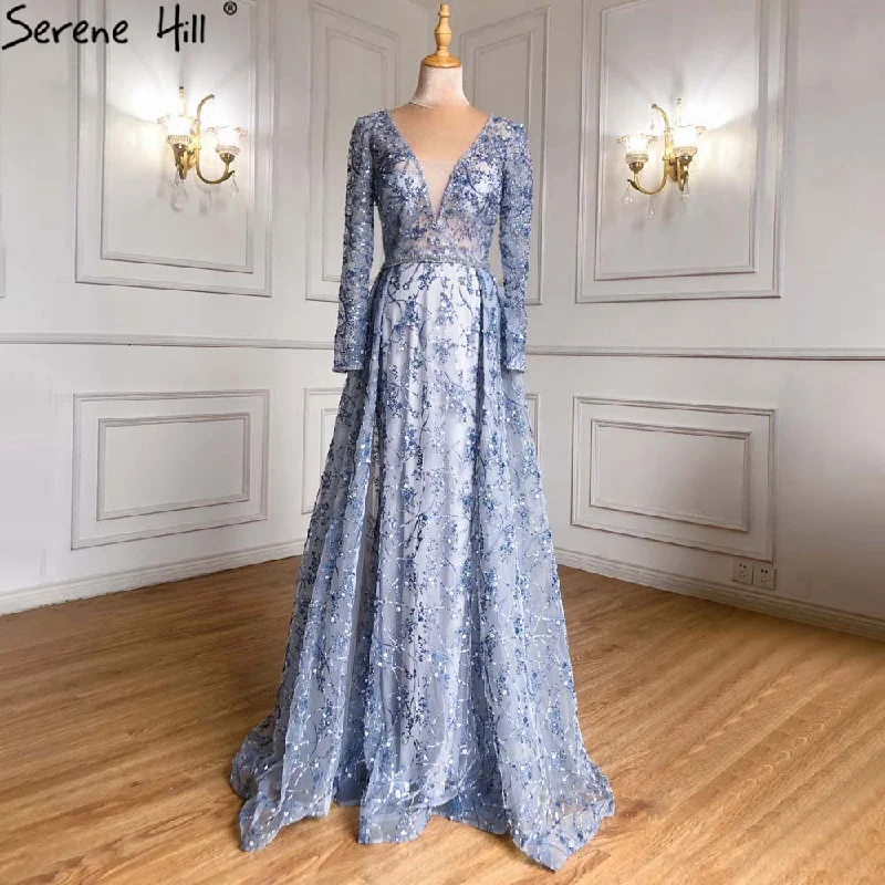 Evening dress with off-shoulder neckline-Serene Hill Blue Overskirt Mermaid Evening Dresses Gowns 2024 Luxury Beaded Elegant For Women Party LA71376