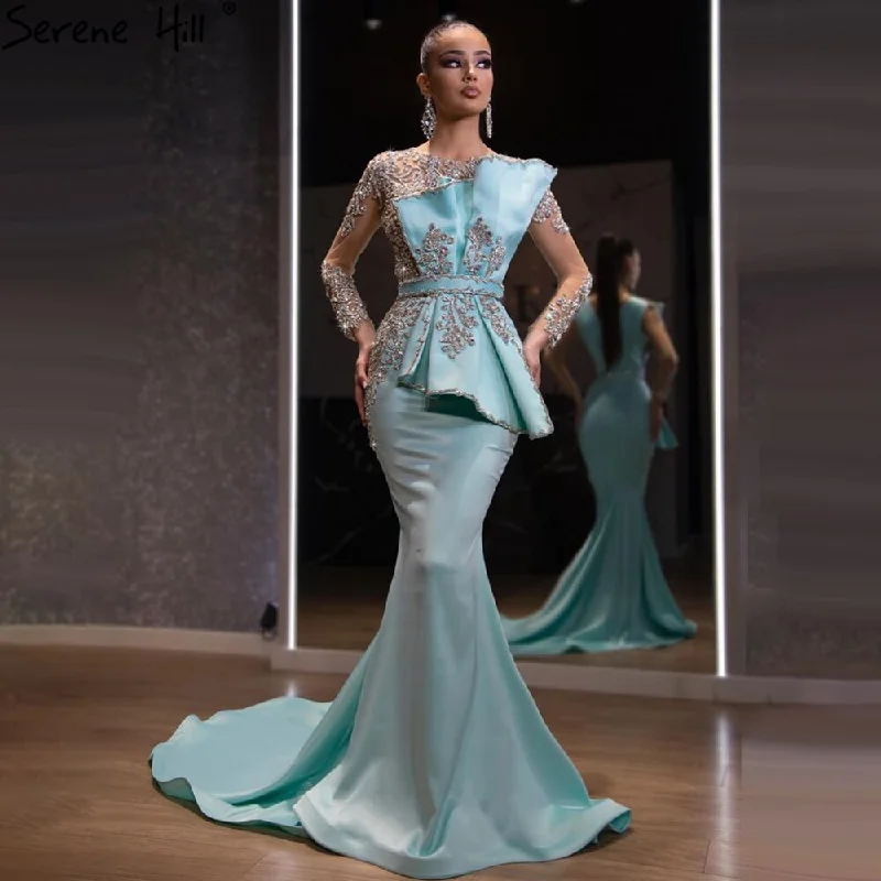 Evening dress with plunging neckline-Serene Hill Blue Satin Beaded Mermaid  Evening Dresses Gowns 2024 Elegant Luxury  Gowns For Women Party LA71180