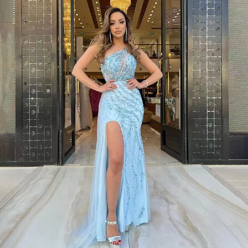 Evening dress with satin-Serene Hill Blue Sexy One Shoulder Mermaid Elegant Beaded Arabic Evening Dresses Gowns For Woman Wedding Party 2024 LA71653B