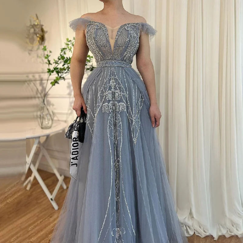 Bohemian evening dress-Serene Hill Blue Sexy Spaghetti Straps A Line Beaded Arabic Luxury Evening Dresses Gowns 2024 For Women Party LA71850