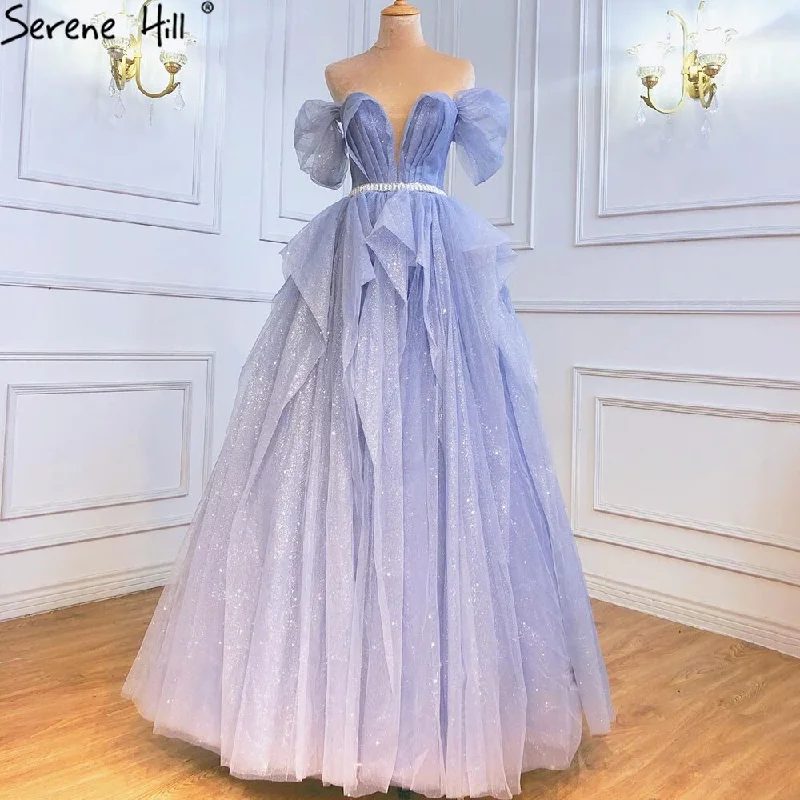 Evening dress with sheer panels-Serene Hill Blue Simple Sexy Evening Dresses Gowns 2024 Sweetheart A-Line Lace Up For Women Party LA71158