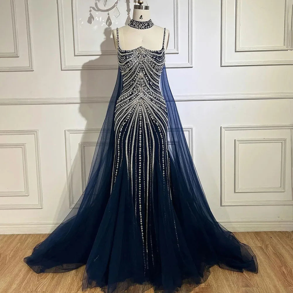 Evening dress with puff sleeves-Serene Hill Blue Spaghetti Strap Long Cloak Mermaid Beaded Lace up Luxury Evening Dresses Gowns for Women Wedding Party LA72440