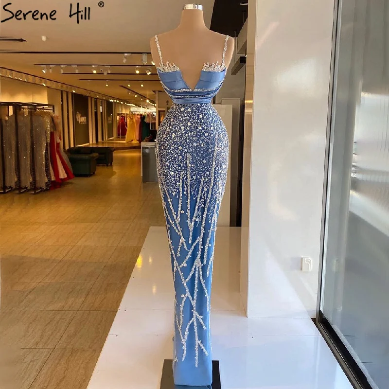 Evening dress with spaghetti straps-Serene Hill Blue Spaghetti Strap Mermaid Evening Dresses Gowns 2024 Luxury Beaded Elegant For Women Party LA71243