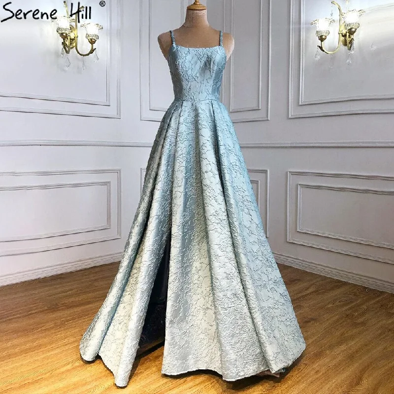 Evening dress with sheer sleeves-Serene Hill Blue Spaghetti Strap Sexy Evening Dresses Gowns 2024 High Split Simple For Women Wedding Party LA71133