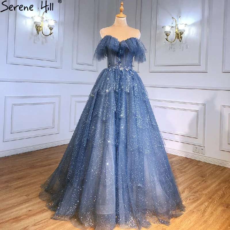 Evening dress with sweetheart neckline-Serene Hill Blue Sweetheart Evening Dresses Gowns 2024 Beaded Tiered Bling Sexy For Women Party LA71450