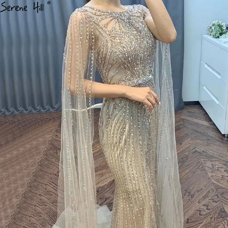 Sleeveless evening dress-Serene Hill Brown Mermaid Elegant 2024 With Cape Sleeves Beaded Luxury Evening Dresses Gowns For Women Party LA70638