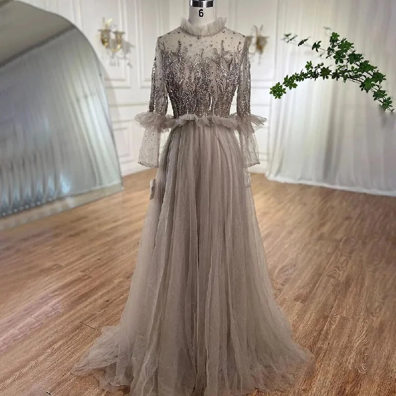 Pink evening dress-Serene Hill Caramel A Line O Neck Beaded Crystal Evening Dresses Gowns Long Sleeves For Woman Wedding Party 2024 LA70147