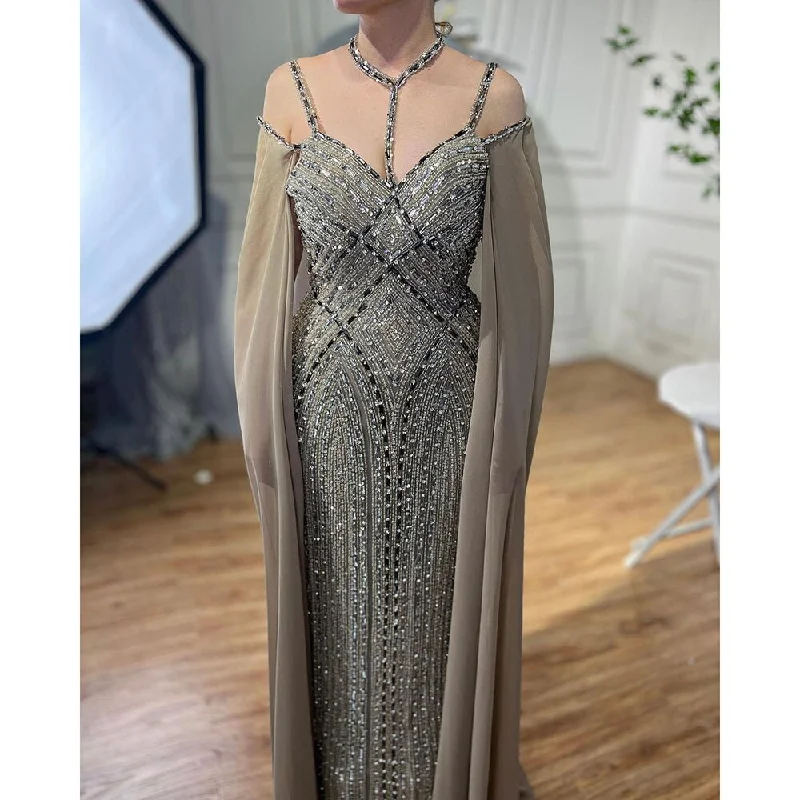 Evening dress with empire waist-Serene Hill Caramel Mermaid Cape Sleeves Evening Dresses Luxury Beaded Arabic Party Gowns 2024 For Women LA72053A