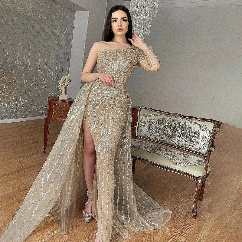 Formal evening dress-Serene Hill Caramel Mermaid One-Shoulder Llong Sleeves Detachable Skirt Evening Dresses Gowns 2024 Elegant Beaded Luxury LA71677