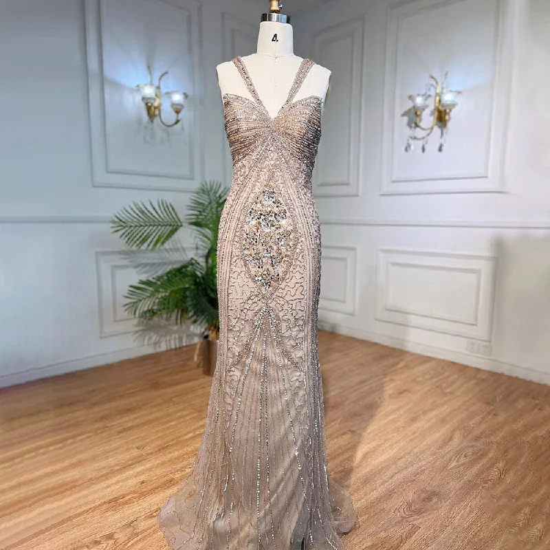 Ivory evening dress-Serene Hill Caramel Mermaid Sexy Spaghetti Straps Beaded Luxury Evening Dresses Gowns For Woman Wedding Party 2024 LA71849