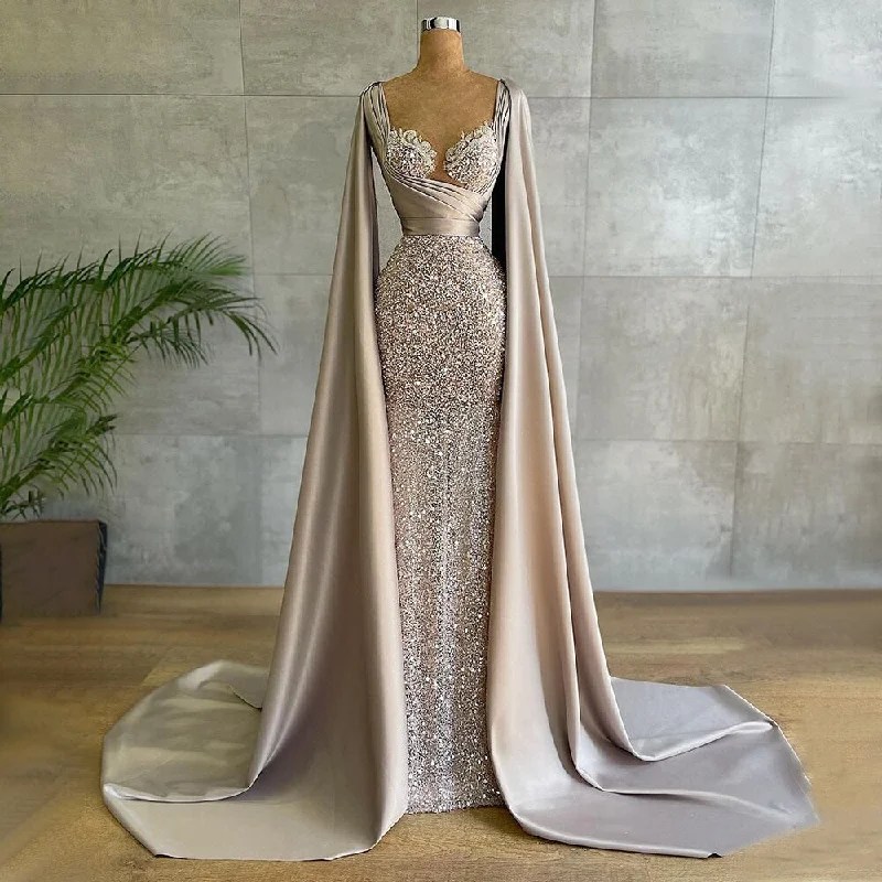 Black evening dress-Serene Hill Champagne Mermaid Elegant Cape Sleeves Evening Dresses Gowns 2024 Luxury Beaded For Women Party LA71675