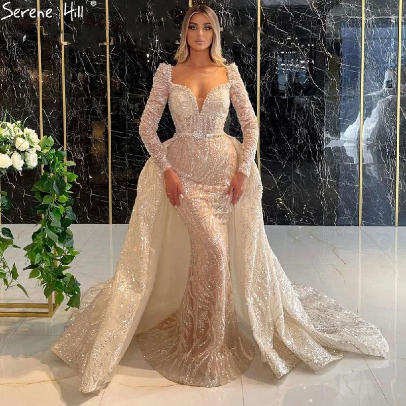 Bohemian evening dress-Serene Hill Champagne Mermaid Luxury Evening Dresses Gowns 2024 Elegant With Overskirt  For Women Party LA71404