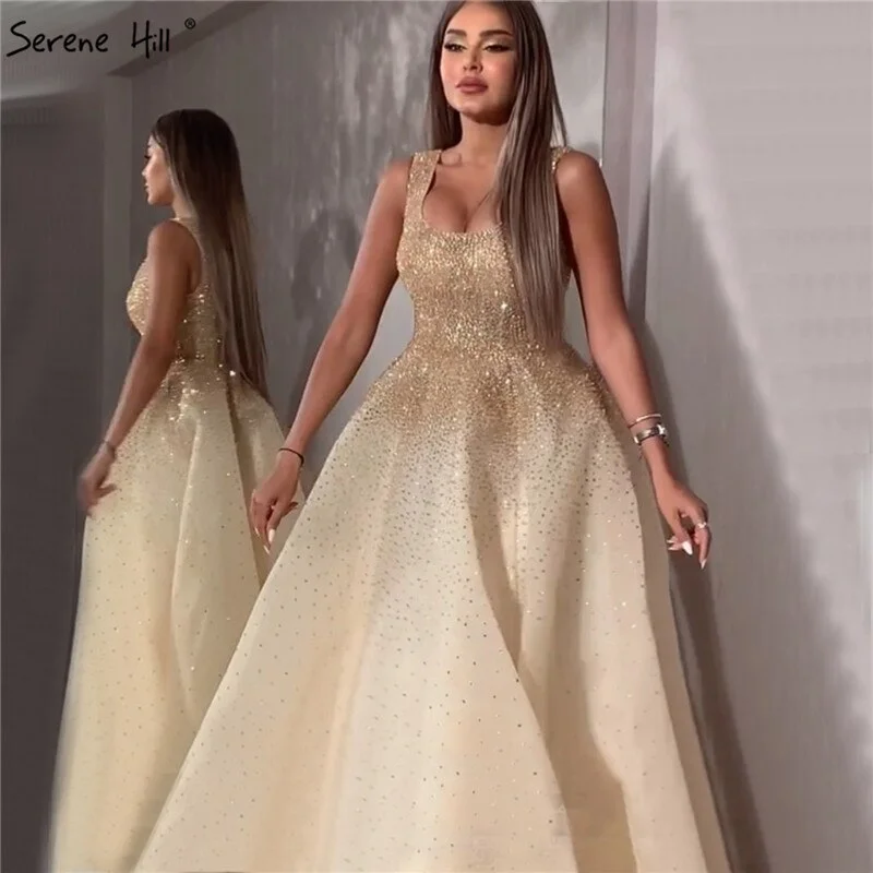 Evening dress for prom-Serene Hill Champange A-Line Crystal Beaded Sexy Lace Up Luxury Dubai Evening Dresses Gowns For Women Wedding Party LA70232