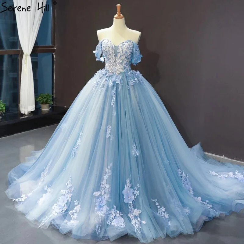 Evening dress for weddings-Serene Hill Clear Water Blue Evening Gowns 2024 Sleeveless Handmade Flowers Diamonds Formal Dress HM66706