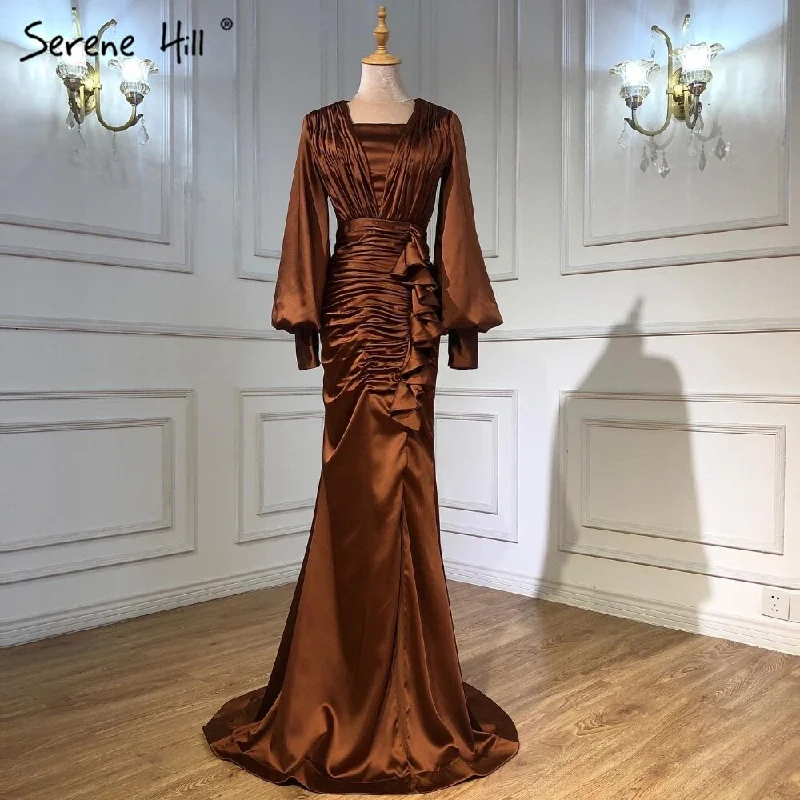 Evening dress with A-line-Serene Hill Coffee Satin Pleat Evening Dresses Gowns 2024 Mermaid Elegant Lantern Sleeve For Women Party LA71274