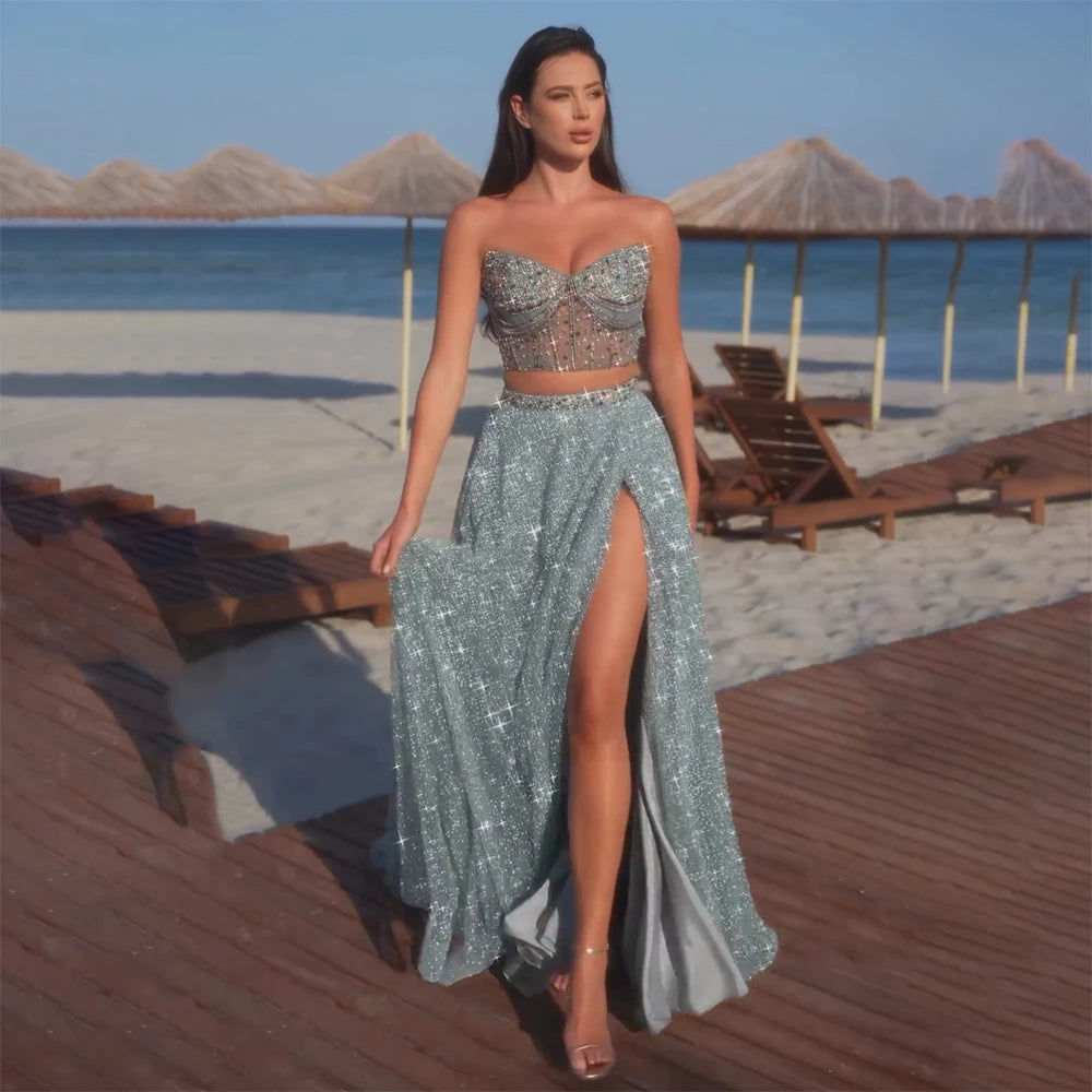 Blue evening dress-Serene Hill Customize 2024 Saudi Turquoise Strapless Two-Piece Evening Dress with High Split for Formal Occasion LA72786