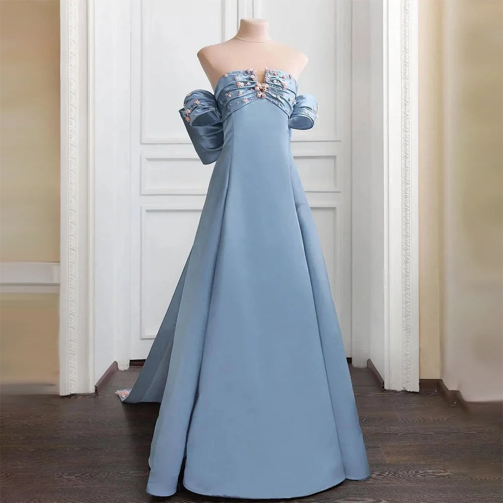 Off-white evening dress-Serene Hill Customized 2024 Arabic Strapless Blue Beaded A-Line Saudi Evening Gown for Formal Occasion LA72792