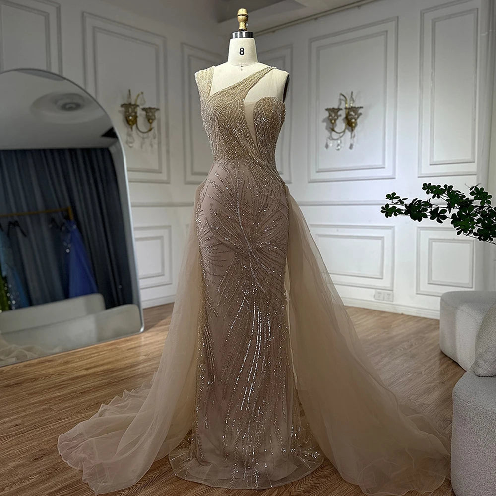 Evening dress for cocktail-Serene Hill Customized 2024 Nude Mermaid Green Evening Gown with Elegant One Shoulder Overskirt for Formal Occasion LA72031A