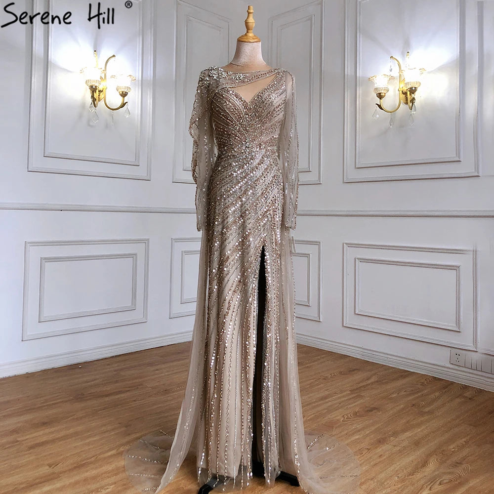 Evening dress with puff sleeves-Serene Hill Customized 2025 Brown Luxury Mermaid Evening Dress Gown Beaded Elegant High Split For Formal Occasion LA70301L