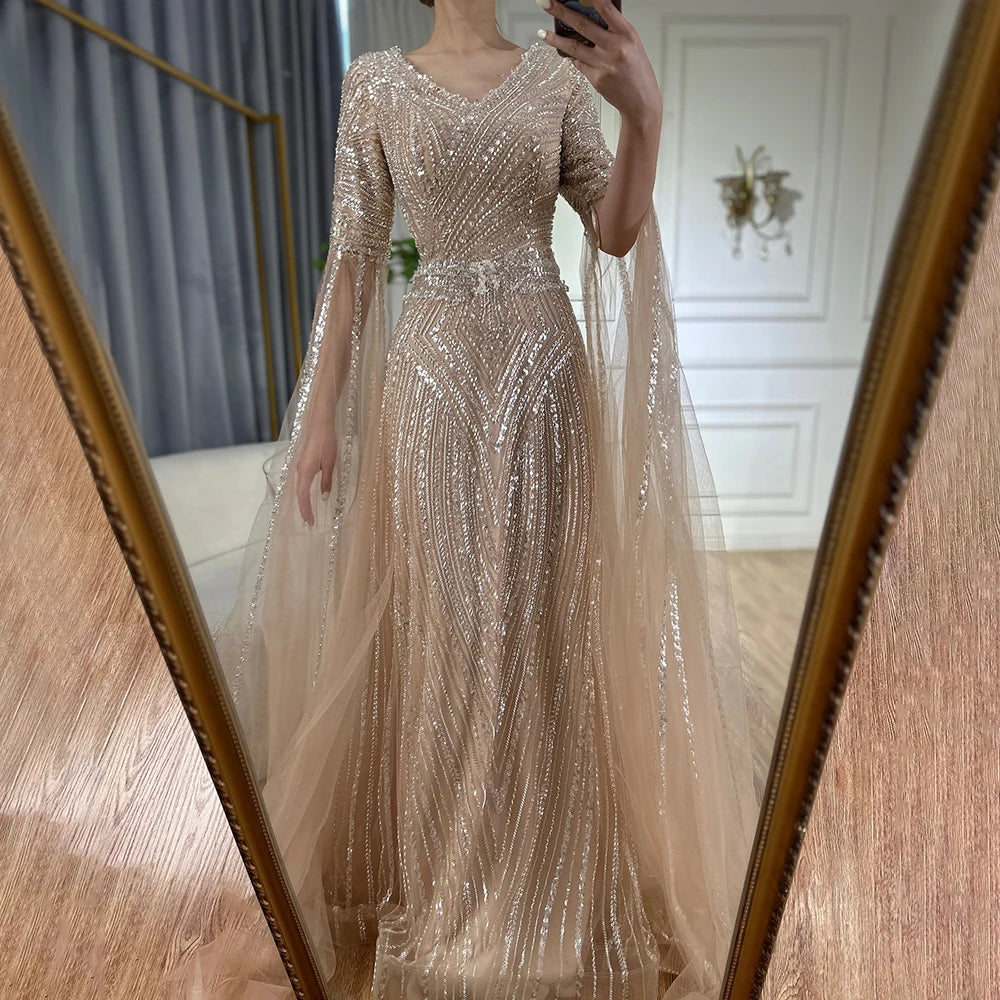 Evening dress with sequined bodice-Serene Hill Customized 2025 Caramel A-Line Beaded Saudi Arabic Evening Dress with Cape Sleeves for Wedding Party LA72798