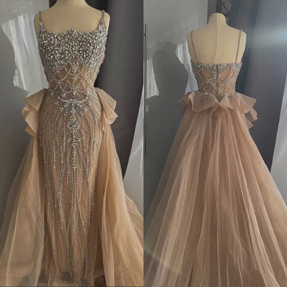 Evening dress with cape-Serene Hill Customized 2025 Nude Saudi Beaded Spaghetti Strap Evening Dresses Gowns with Overskirt for Formal Occasion LA72810