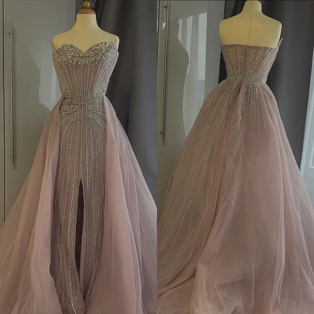 Evening dress with beaded bodice-Serene Hill Customized 2025 Pink Crystal Beaded Saudi Mermaid Evening Dresses Gowns with Overskirt for Formal Occasion LA72811