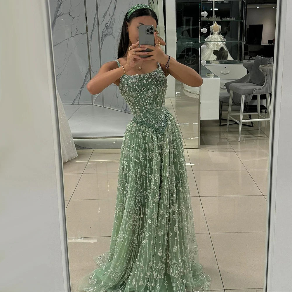 Evening dress with illusion neckline-Serene Hill Customized 2025 Sage Green Saudi Beaded A-Line Spaghetti Strap Evening Dresses Gowns for Formal Occasion LA72805