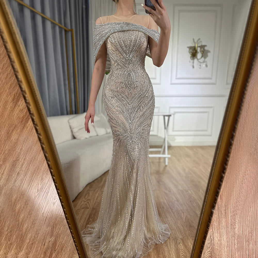 Evening dress with sheer panels-Serene Hill Customized 2025 Saudi Arabic Silver Nude Beaded Mermaid Evening Dress Gown for Formal Occasion LA72800