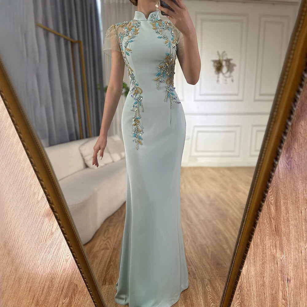 Evening dress with sheer sleeves-Serene Hill Customized 2025 Saudi Mint Mermaid Beaded Satin Evening Dress Gown with Corset for Formal Occasion LA72797