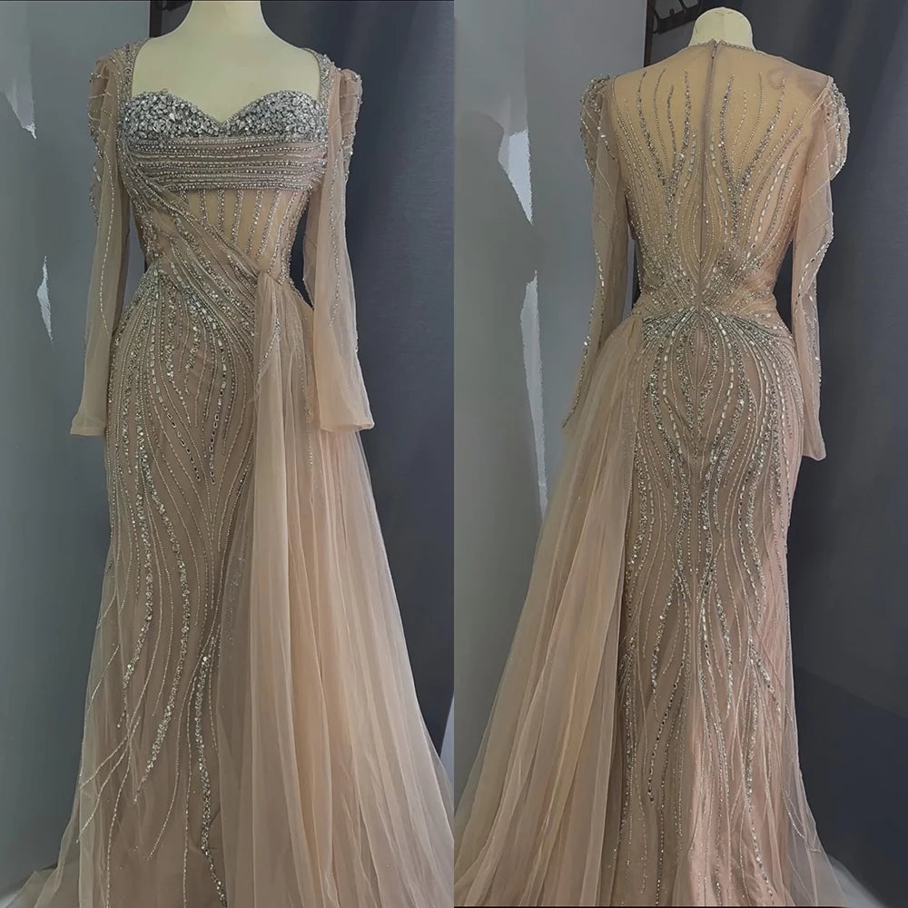 Evening dress with bow-Serene Hill Customized 2025 Saudi Nude Beaded Crystal Arabic Evening Dresses Gowns with Overskirt for Formal Occasion LA72812