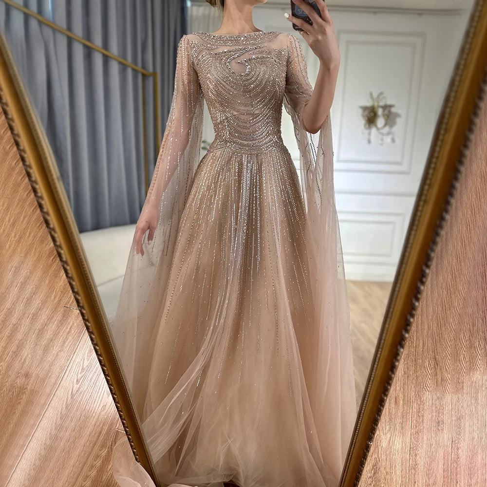 Evening dress with plunging neckline-Serene Hill Customized Arabic Caramel Saudi Evening Dresses with Cape Sleeves A-Line Beaded For Wedding Party 2024 LA72799