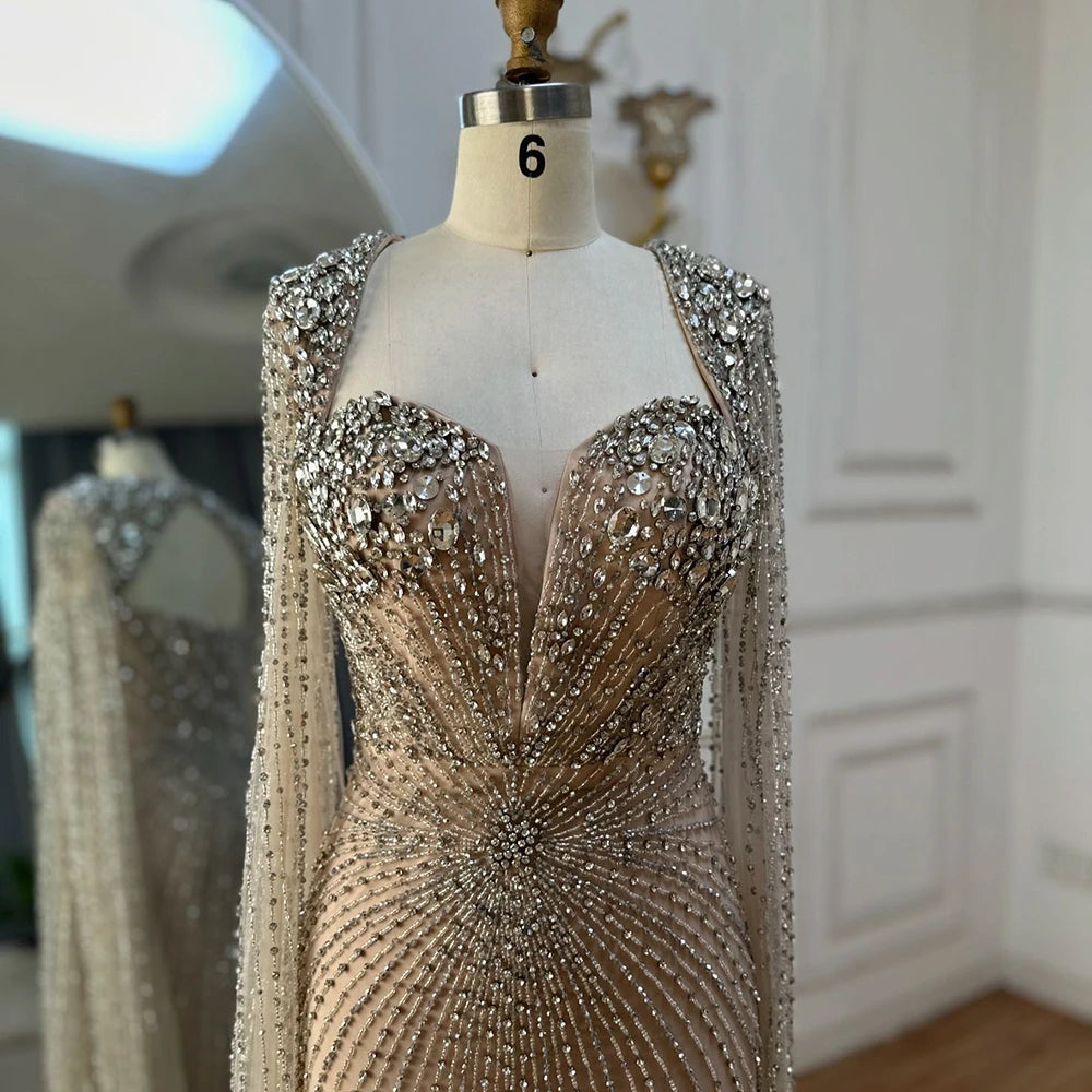 Evening dress with double straps-Serene Hill Customized Arabic Silver Nude Cape Sleeves Beaded Evening Dresses Gowns For Women Wedding Party 2025 LA72575