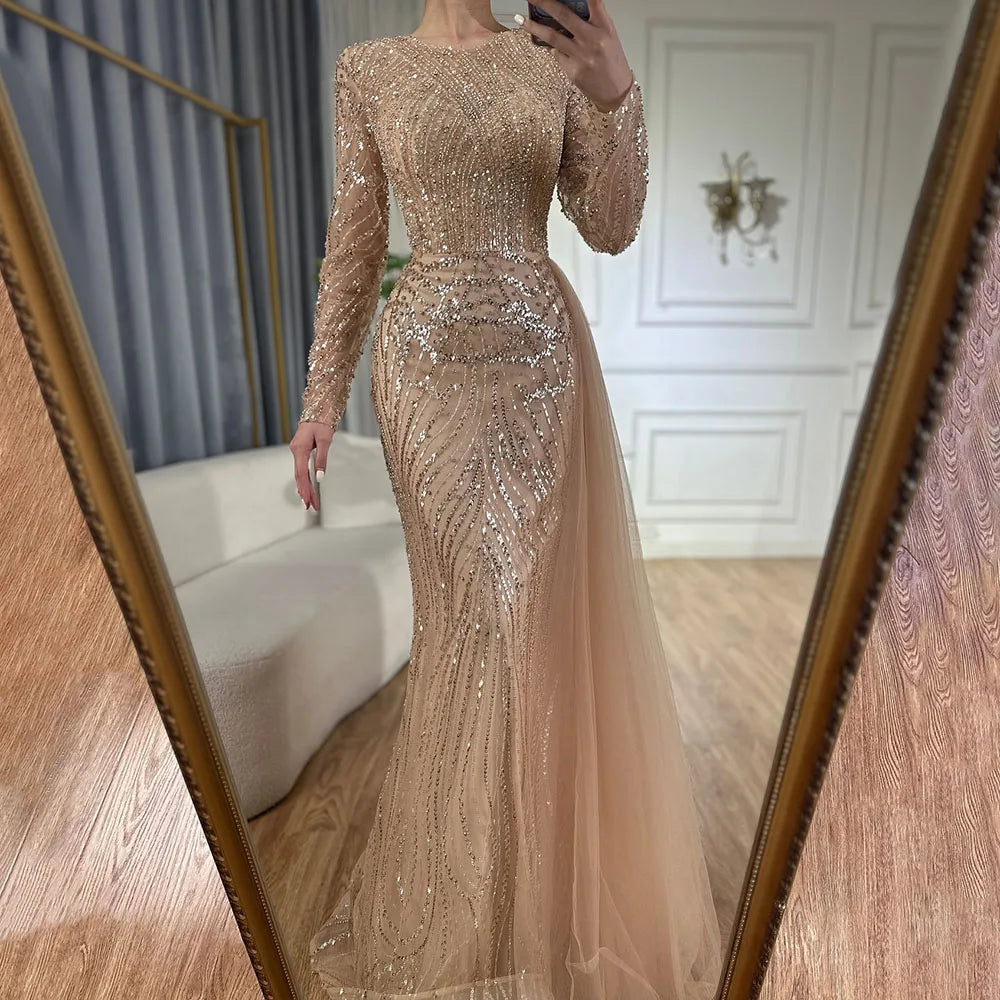 Evening dress with velvet-Serene Hill Customized Caramel Beaded Mermaid Long Arabic Evening Dresses Gowns With Overskirt for Formal Occasion 2025 LA71673A