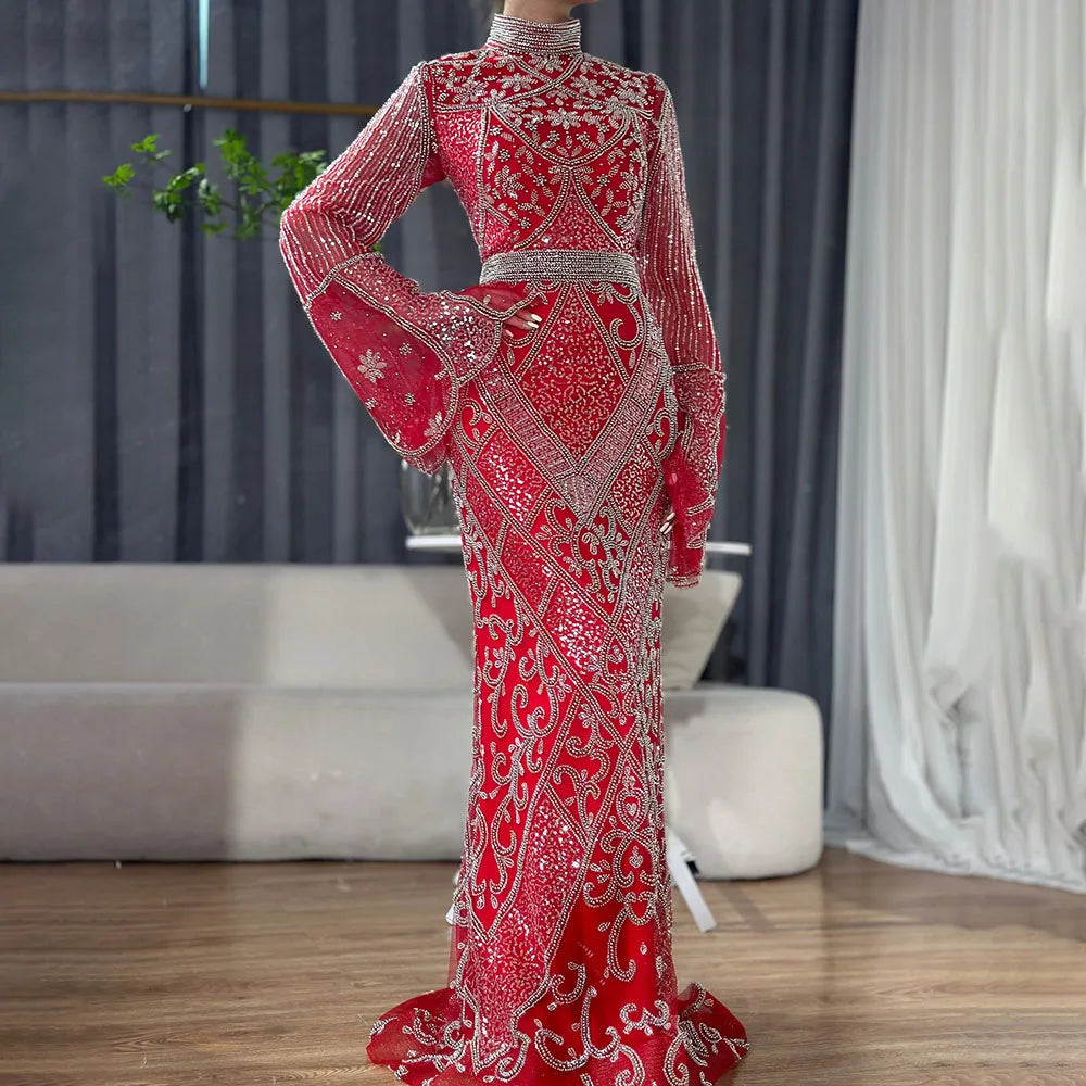 Evening dress with tulle-Serene Hill Customized Muslim Red Mermaid Black Evening Dress with Cape Sleeves and Beaded for Formal Occasion 2025 LA72316C